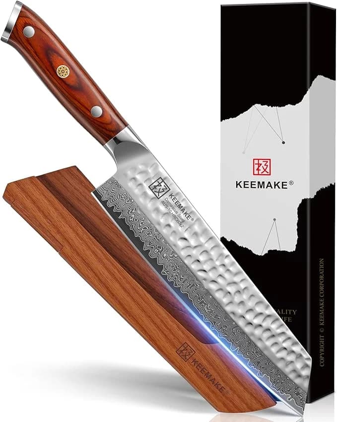 KEEMAKE Kiritsuke Chef Knife, 8 Inch Damascus Japanese Kitchen Knife with Ergonomic Pakkawood Handle, Ultra Sharp Non-Slip Cooking Knife with Ash Sheath