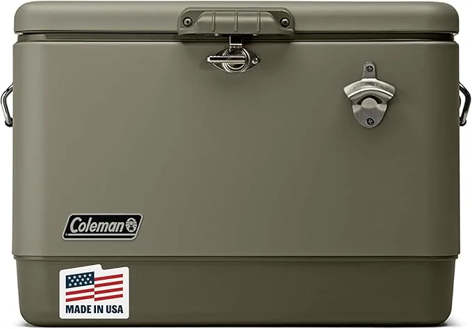 Coleman Reunion Premium Portable Cooler 54qt Steel Belted Leak-Resistant Heavy-Duty Latch Handles & Drain Built-in Bottle Opener Perfect for Camping Tailgating Beach & Picnic