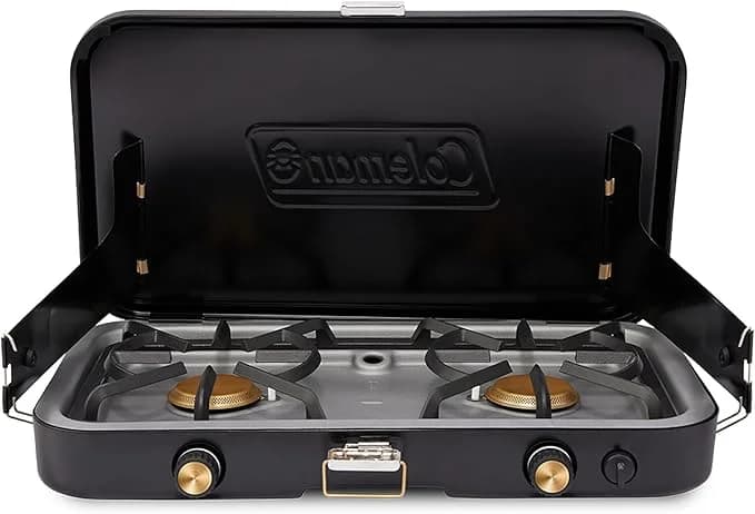 Coleman 1900 Collection 3-in-1 Propane Camping Stove, Cast Iron Grill & Griddle Accessories Included, 24,000 BTUs Across 2 Adjustable Burners with Wind Guards & Matchless Lighting